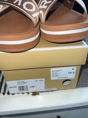 Michael Kors Tan and White Logo Platform Slides